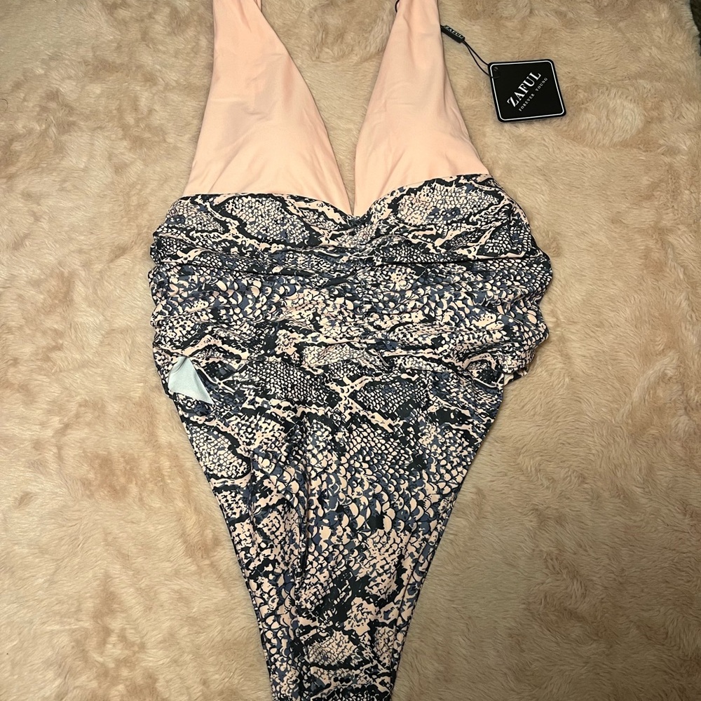 Zaful Pink, Gray and Black One Piece Swimsuit with Snake Print Design